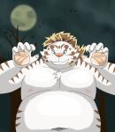  2021 anthro band-aid bandage belly blue_eyes felid halloween hi_res holidays humanoid_hands kemono licho_(tas) lifewonders male mammal moobs moon navel night nipples outside overweight overweight_male pantherine shirokuma_210 solo tiger tokyo_afterschool_summoners video_games white_body 