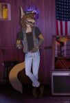  anthro bar boots canid canine clothed clothing confederate_flag cowboy_boots dirty_clothes facial_hair footwear fox foxieboi foxmusk hair hat headgear headwear hi_res long_hair male mammal markings redneck solo texas_flag trucker_hat 