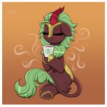  1:1 2021 absurd_res asian_mythology beverage blush border brown_body brown_fur calm chinese_mythology cinder_glow_(mlp) cloven_hooves coffee coffee_cup container cup ears_down east_asian_mythology eyelashes eyes_closed female feral friendship_is_magic fur green_mane hasbro hi_res hooves kirin mammal mane my_little_pony mythology pivoted_ears ravensun scales sitting smile solo steam underhoof white_border yellow_body yellow_scales 