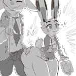  1:1 2021 anthro big_butt butt butt_grab canid canine canis clothed clothing digital_media_(artwork) disney duo female flat_chested fox greyscale hand_on_butt hi_res huge_butt huge_hips huge_thighs judy_hopps kiseff lagomorph leporid male mammal monochrome nick_wilde rabbit surprise thick_thighs wide_hips zootopia 