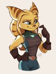  2021 alaynakgray angela_cross anthro belt breasts clothing eyebrows eyelashes female fur gloves hand_on_hip handwear hi_res lombax mammal portrait ratchet_and_clank smile solo sony_corporation sony_interactive_entertainment stripes teal_eyes three-quarter_portrait video_games yellow_body yellow_fur 