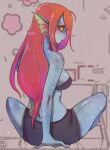  animal_humanoid bottomwear breasts clothing female fin fingers fish fish_humanoid hair humanoid marine marine_humanoid pipitasout pupils rear_view red_hair scales shorts sitting slit_pupils solo topwear undertale_(series) undyne yellow_sclera 