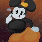  1:1 2021 3barts absurd_res anthro big_breasts black_body black_fur breasts clothed clothing costume curvy_figure dialogue digital_media_(artwork) disney english_text eyelashes featureless_breasts female fingers fur gloves halloween hand_on_hip handwear hi_res holidays hourglass_figure huge_breasts jack-o&#039;-lantern looking_at_viewer mammal minnie_mouse mouse multicolored_body multicolored_fur murid murine pac_man_eyes rodent simple_background simple_eyes smile solo standing talking_to_viewer text thick_thighs tongue topless topless_anthro topless_female two_tone_body two_tone_fur voluptuous white_body white_fur wide_hips 