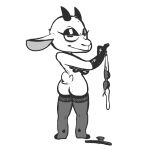  1:1 anthro big_ears bovid bovine bra caprine clothing crossgender female fur gloves goat gud gud_(fursona) handwear horn leather leather_clothing leather_gloves leather_handwear legwear lingerie looking_at_viewer mammal monochrome panties simple_background smile smirk solo stockings underwear white_background white_body white_fur 