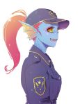  animal_humanoid blue_body blue_skin clothing female fin fish fish_humanoid hair hat headgear headwear hi_res humanoid marine marine_humanoid pipitasout ponytail pupils red_hair shirt side_view simple_background slit_pupils solo topwear undertale_(series) undyne white_background yellow_sclera 