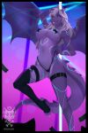  anthro artist_logo black_border border breasts claws clothing dancing dragon female fleet-foot hair hi_res horn logo membrane_(anatomy) membranous_wings nipple_tape panties pasties pole pole_dancing purple_body purple_scales reptile scales scalie solo stripper_pole tape underwear western_dragon wings 