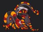  ambiguous_gender anthro avian-king black_body claws feet hair hand_on_ground hi_res long_tail markings red_body reptile scales scalie signature snake snake_hood snout solo spikes striped_markings striped_tail stripes tail_markings yellow_body 