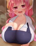  absurd_res animal_humanoid apron big_breasts bodily_fluids breast_rest breasts cleavage clothed clothing cute_fangs dragon dragon_humanoid female hair hi_res horn huge_breasts humanoid humanoid_pointy_ears ilulu miss_kobayashi&#039;s_dragon_maid pink_eyes pink_hair short_stack solo suiren_(mystia6b) sweat 