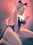  2021 anthro blonde_hair breasts cervid clothing corset fangs female hair halloween halloween_costume hi_res holidays leotard lingerie mammal paw_pose pose roadkill_(sufficient) solo spots stella_draco_(artist) tan_body topwear 