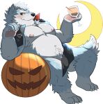  2021 alpha_channel animated anthro belly blue_body blush canid canine canis food fruit genitals halloween holidays kemono male mammal moobs moon nipples penis plant pumpkin short_playtime simple_background sitting slightly_chubby solo transparent_background v2wolf white_body wolf 