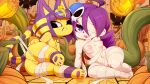  2021 animal_crossing ankha_(animal_crossing) anthro areola breasts butt domestic_cat duo felid feline felis female fur genitals hair hi_res mammal masterploxy nintendo nipples purple_eyes purple_hair pussy video_games wraps yellow_body yellow_fur zone-tan 