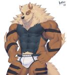  abs anthro anthrofied arcanine biceps black_body black_countershading black_fur brown_eyes clothed clothing countershading elbow_tufts fangs fluffy fluffy_tail fur hi_res hittoga holding_clothing holding_object holding_underwear male mane markings mostly_nude muscular muscular_anthro muscular_male neck_tuft nintendo orange_body orange_fur pecs pok&eacute;mon pok&eacute;mon_(species) pok&eacute;morph pubes simple_background solo tan_body tan_fur topless tuft underwear video_games white_clothing white_underwear 