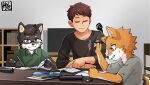  anthro book canid canine canis clothed clothing domestic_dog eyes_closed eyewear glasses group homework human kaminosaki male mammal young 