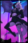  anthro artist_logo black_border border breasts claws clothed clothing dancing dragon female fleet-foot hair hi_res horn logo membrane_(anatomy) membranous_wings pole pole_dancing purple_body purple_scales reptile scales scalie solo stripper_pole western_dragon wings 