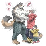  &lt;3 1:1 absurd_res anthro belt big_muscles blue_eyes blush bottomwear brown_body brown_fur brown_hair bulge canid canine canis chan_kiti_chan_(artist) child clenched_teeth clothing eye_contact eyewear family father father_and_child father_and_son footwear fur glasses grey_body grey_fur grin group hair hand_holding hi_res hoodie human human_on_anthro interspecies larger_anthro looking_at_another male male/male mammal multicolored_body multicolored_fur muscular muscular_anthro muscular_male navel nipples pants parent parent_and_child pecs pink_eyes romantic romantic_couple scar shirtless shoes size_difference smaller_human smile son teeth topwear trio white_body white_fur wolf young 