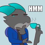  1:1 anthro barefoot blue_eyes clothed clothing container cup feet grey_body hi_res hoodie horn kobold male meme milachu92 reaction_image reptile scalie side_b solo text thinking topwear 