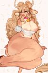  anthro areola blonde_hair bovid bovine breasts cattle cleavage clothed clothing eyes_closed female hair hi_res mammal mellonbun shirt simple_background solo thick_thighs topwear white_background 