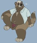  &lt;3 2021 anthro balls belly blue_background brown_body brown_fur campfire_donut canid canine clothed clothing fur genitals hi_res humanoid_genitalia humanoid_hands humanoid_penis male mammal open_clothing open_shirt open_topwear overweight overweight_male penis raccoon_dog shirt simple_background solo tanuki topwear 