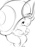  antennae_(anatomy) anthro black_and_white blush featureless_chest female gastropod glacierclear hunched_over leaning leaning_forward looking_at_viewer mollusk monochrome nude open_mouth open_smile shell simple_background smile snail solo thick_thighs three-quarter_view wide_hips 
