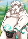  2021 anima_(anothereidos_r) another_eidos_of_dragon_vein_r anthro balls_outline belly biped bulge canid canine clothing genital_outline hi_res humanoid_hands male mammal moobs navel nipples overweight overweight_male penis_outline red_panda_mirr solo underwear 