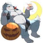  1:1 2021 alpha_channel anthro belly blue_body blush canid canine canis food fruit genitals halloween hi_res holidays kemono male mammal moobs moon nipples penis plant pumpkin simple_background sitting slightly_chubby solo transparent_background v2wolf white_body wolf 