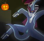 2021 anus arthropod_webbing bioluminescence blue_body blue_skin blurred_background blush clothed clothed_feral clothing dialga dragon female feral genitals glowing halloween hat headgear headwear hi_res holidays jack-o&#039;-lantern legendary_pok&eacute;mon looking_at_viewer multicolored_body nintendo pok&eacute;mon pok&eacute;mon_(species) primaldialga1992 purple_clothing pussy scalie signature solo video_games witch_costume witch_hat 