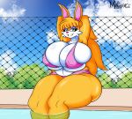  2021 anthro archie_comics big_breasts big_butt bikini blonde_hair breasts bunnie_rabbot butt cleavage clothed clothing curvaceous curvy_figure eyelashes eyeshadow female fur grin hair hands_behind_head huge_breasts lagomorph legwear leporid long_hair looking_at_viewer makeup mammal mrxrickyx multicolored_body multicolored_fur pink_nose poolside rabbit sega sitting smile solo sonic_the_hedgehog_(archie) sonic_the_hedgehog_(comics) sonic_the_hedgehog_(series) swimwear thick_thighs thigh_highs two_tone_body two_tone_fur voluptuous water wide_hips yellow_body yellow_fur 