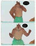  2021 anthro bernie_burr biped brown_body canid canine canis clothing comic english_text eyes_closed hi_res humanoid_hands male mammal outside solo swimwear text water wolf 