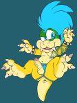  anthro anus balls belly blue_eyes blue_hair blush bracelet butt claws clothing erection fangs genital_piercing genitals hair hi_res jewelry jockstrap koopa koopaling larry_koopa male mario_bros navel nintendo nipples penis penis_piercing piercing scalie slightly_chubby solo spiked_bracelet spikes tbid underwear video_games 