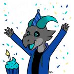  1:1 alpha_channel anthro birthday birthday_cake birthday_candle birthday_hat black_sclera blue_eyes cake candle clothed clothing confetti dessert english_text fire food grey_body happy hoodie horn kobold male open_mouth raised_arms raised_hand reptile scalie scar side_b simple_background solo text thepyrokitty tongue topwear transparent_background 