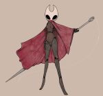  anthro arthropod black_body breasts featureless_breasts female genitals hi_res hollow_knight hornet_(hollow_knight) insect melee_weapon polearm pussy scruffythedeer simple_background spear team_cherry video_games weapon white_head 