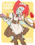  animal_humanoid blush burger clothing container cup dessert doughnut eye_patch eyewear female fin fish fish_humanoid food hair hi_res humanoid leggings legwear looking_at_viewer maid_headdress maid_uniform marine marine_humanoid noaharbre platter red_hair sharp_teeth solo teeth undertale_(series) undyne uniform 