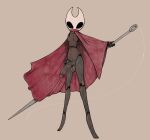  anthro arthropod balls big_penis black_body breasts featureless_breasts genitals gynomorph half-erect hi_res hollow_knight hornet_(hollow_knight) humanoid_genitalia humanoid_penis insect intersex melee_weapon penis polearm scruffythedeer simple_background spear team_cherry video_games weapon white_head 