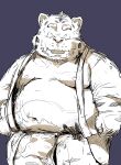 2021 absurd_res anthro asian_clothing belly clothing east_asian_clothing eyes_closed felid fundoshi hi_res humanoid_hands japanese_clothing kemono male mammal moobs navel nipples overweight overweight_male pantherine simple_background solo tachiuo tiger underwear 