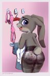  anthro blush bra butt carrot_panties caught clothed clothing disney drafthoof embarrassed female fitting_room frilly_panties hi_res judy_hopps legwear looking_at_viewer looking_back panties panties_only pantyhose pink_bra pink_clothing pink_panties pink_underwear print_panties simple_background solo topless underwear underwear_only zootopia 