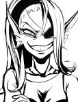  animal_humanoid clothing crossed_arms eye_patch eyewear female fin fish fish_humanoid hair hair_over_eye hi_res humanoid looking_at_viewer marine marine_humanoid monochrome noaharbre one_eye_obstructed shirt simple_background smile solo tank_top teeth topwear undertale_(series) undyne white_background 