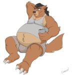  2017 alcohol anthro beer belly beverage beverage_can big_belly black_hair bottomwear brown_body brown_fur bulge canid canine canis canson claws clothing fur hair hand_behind_head hi_res male mammal navel nipple_outline overweight overweight_male shirt shorts simple_background sitting solo tank_top topwear white_background wolf 