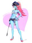  &lt;3 animal_humanoid bottomwear breasts choker cleavage clothed clothing crop_top female fin fish fish_humanoid gills handcuffs hi_res humanoid jewelry looking_at_viewer marine marine_humanoid navel necklace noaharbre police_hat restraints shackles shirt shorts simple_background solo stilettos topwear undertale_(series) undyne whip 