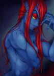  5_fingers abs animal_humanoid blue_body blue_skin covering covering_breasts female fin fingers fish fish_humanoid hair hair_over_eye hi_res humanoid marine marine_humanoid micchan_sense muscular muscular_female muscular_humanoid nude one_eye_obstructed red_hair simple_background solo undertale_(series) undyne yellow_sclera 