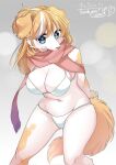  2021 anthro big_breasts bikini blue_eyes breasts canid canine canis cleavage clothed clothing digital_media_(artwork) domestic_dog female floppy_ears fur hands_behind_back hi_res japanese_text kemono lemoco looking_at_viewer mammal multicolored_body multicolored_fur portrait scarf shaded signature smile smiling_at_viewer solo swimwear text three-quarter_portrait translated two_tone_body two_tone_fur white_body white_fur yellow_body yellow_fur 