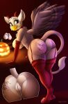  absurd_res anthro anus avian beak big_breasts big_butt bird body_writing booponies breasts butt clothing evelyn_(oc) feet female genitals gryphon halloween hi_res holidays horn legwear mythological_avian mythology nipples presenting pussy solo stockings 