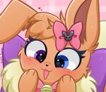  &lt;3 &lt;3_eyes accessory bell black_nose blush brown_body brown_ears brown_fur eevee eyelashes female feral fur hair_accessory happy heterochromia hi_res icon kittyrosie nintendo open_mouth paws_on_face pok&eacute;mon pok&eacute;mon_(species) ribbons simple_background smile video_games 