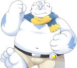  2021 alpha_channel another_eidos_of_dragon_vein_r anthro belly blue_body blush bottomwear bulge clothing cute_fangs kemono male navel official_art overweight overweight_male patty_(anothereidos_r) scarf shorts simple_background solo takataka transparent_background video_games white_body 