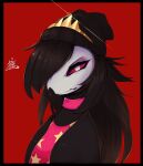  2021 anthro avian avian_demon bird black_border black_hair border bust_portrait clothed clothing demon female hair headgear headwear helluva_boss hi_res kawazu_fumi long_hair octavia_(helluva_boss) owl owl_demon portrait red_background red_sclera signature simple_background solo white_body white_eyes 