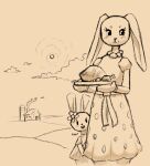  2020 anthro blush building chicken_meat clothed clothing cloud digital_media_(artwork) dress duo eyelashes female floppy_ears food house jubb lagomorph leporid low_res mammal meat open_mouth outside plate rabbit signature simple_background smile smoke standing sun tan_background young 