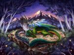  2021 claws detailed_background digital_media_(artwork) dragon duo feral fur furred_dragon green_body green_scales hi_res horn kanizo membrane_(anatomy) membranous_wings night outside scales scalie sky spines star starry_sky western_dragon wings 