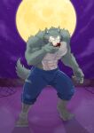  2021 abs absurd_res anthro beastars biceps blood blood_on_face bodily_fluids bottomwear canid canine canis clothing denim denim_clothing duo eye_scar facial_scar full_moon hi_res jabuhusky jeans legoshi_(beastars) legwear looking_at_viewer male mammal moon muscular muscular_anthro muscular_male night outside pants pecs purple_sky scar torn_bottomwear torn_clothing torn_jeans torn_legwear torn_pants tufted_fur wolf 