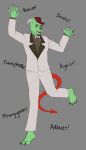  absurd_res anonymous_artist anthro demon feet fur green_body green_fur grey_suit hi_res leotoefinger male maroon_fedora paws red_eyes red_tail solo spade_tail text 
