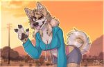  anonymous_artist anthro blue_eyes blurred_background bottomwear bra breasts canid canine canis claws clothed clothing desert doge_(character) domestic_dog ear_tuft eyebrow_through_hair eyebrows eyelashes fangs female fluffy fluffy_ears fluffy_tail fur gesture hair leaning leaning_forward looking_at_viewer mammal one_eye_closed pawpads raised_tail shiba_inu shirt shorts solo spitz tan_body tan_fur tan_hair teeth tongue tongue_out topwear translucent translucent_hair tuft underwear v_sign wink 