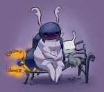  2020 ambiguous_gender antennae_(anatomy) arthropod bench blush bodily_fluids bretta_(hollow_knight) digital_media_(artwork) fart fart_cloud hollow_knight jubb on_bench onomatopoeia protagonist_(hollow_knight) purple_background shaking shivering signature simple_background sitting sleeping sound_effects sweat team_cherry text vessel_(species) video_games 